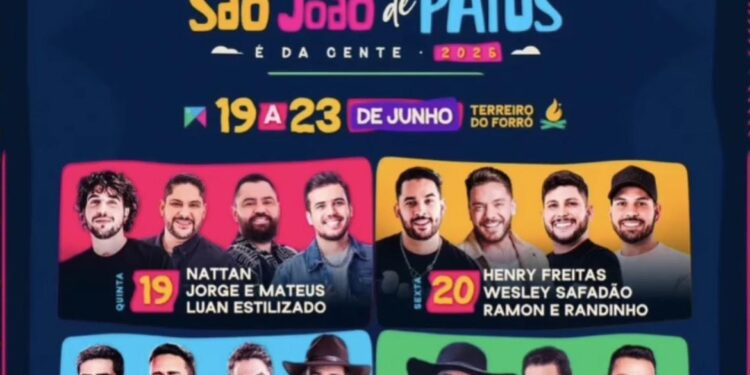 São João 2025 de Patos: Programação oficial é divulgada com Jorge e Mateus, Nattan e Weslley Safadão